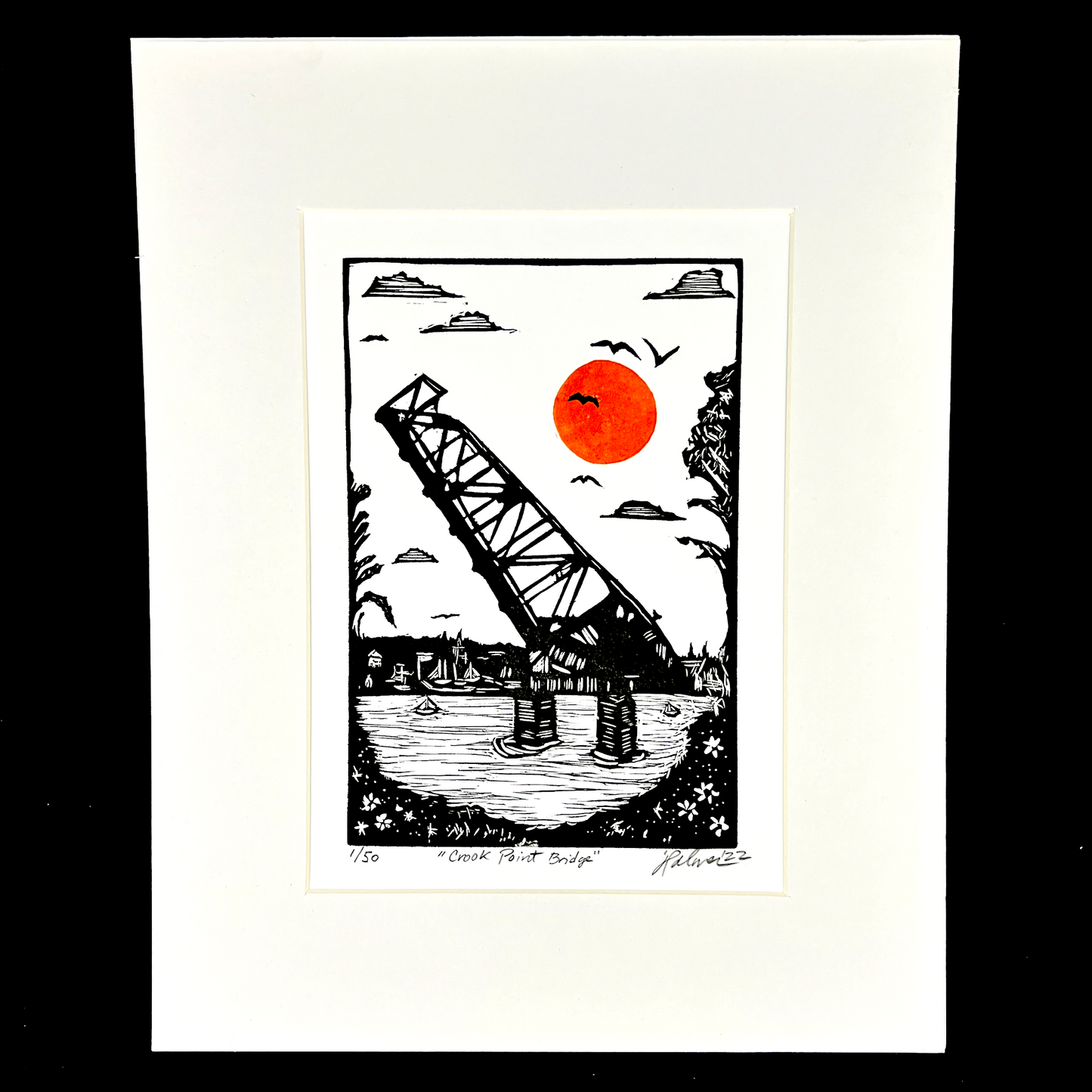 Crook Point Bascule Bridge - Providence, Rhode Island - Matted Blockprint