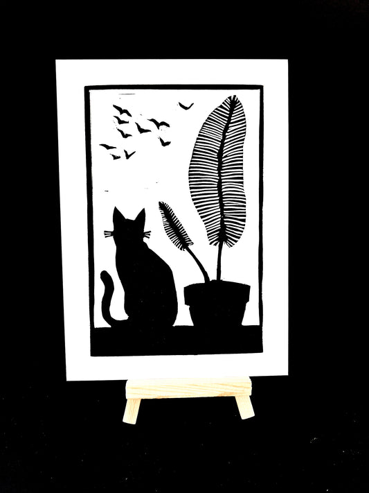 Cat Silhouette, Fern and Birds