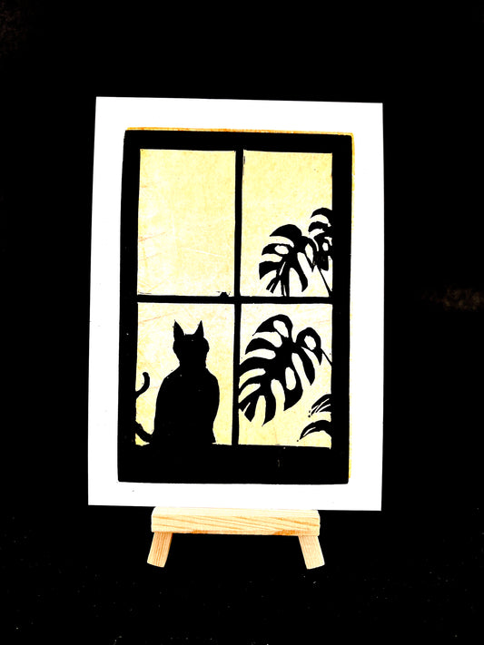 Silhouette Cat with Monstera in Window - PLANTZ Cat